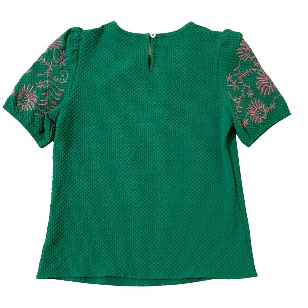 Green Textured Puff Sleeve Pink Embroidered Blouse Women's Short Sleeve Top - Picture 9 of 9